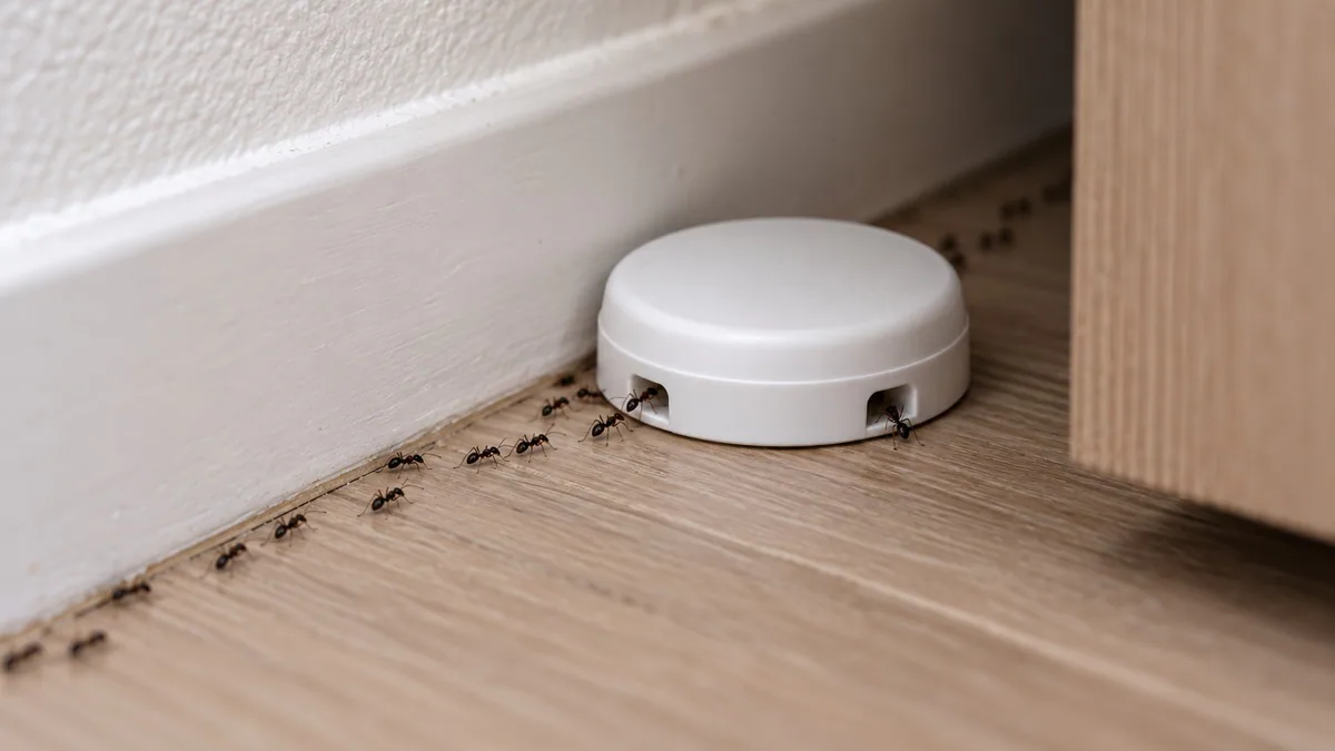 A closed, unbranded round bait station on the floor beside a trail of small ants along a skirting board, with ants going into its entry holes
