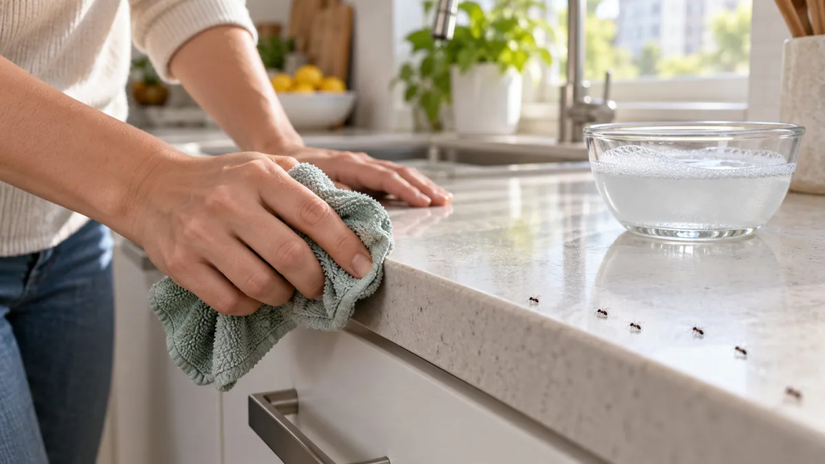 Hands wiping the edge of a kitchen countertop with a damp cloth next to a bowl of soapy water, with a few small ants further along the edge