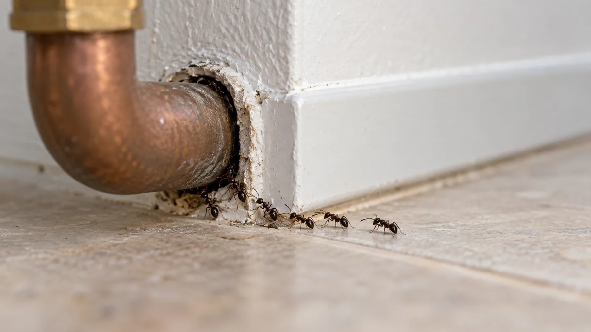 Close-up of small ants walking in and out of a narrow gap where a pipe passes through the wall under a kitchen sink