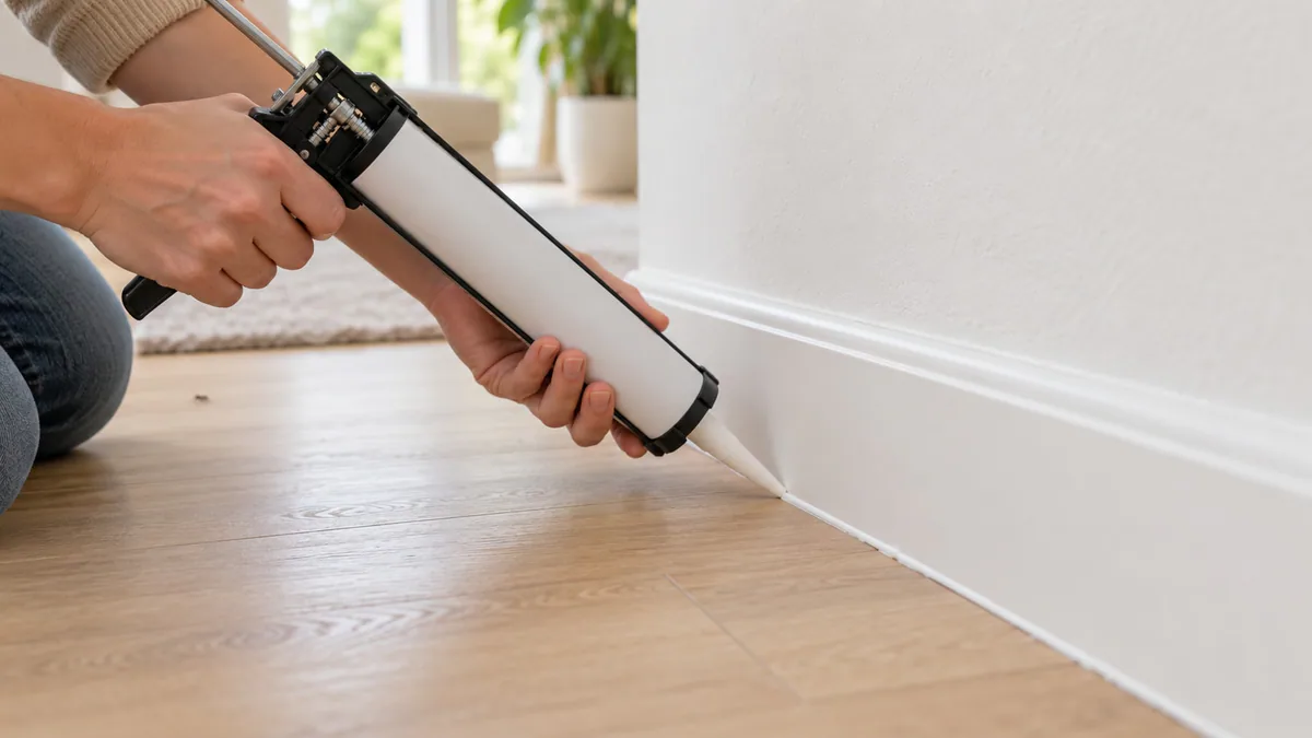 Hands using a caulking gun to seal a thin crack along the bottom of a white skirting board with a bead of white sealant