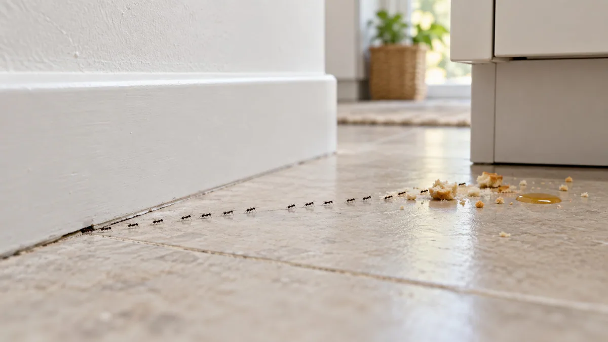 A thin trail of small dark ants along a white skirting board in a kitchen, heading from a gap at the floor towards crumbs and a drop of spilled juice by a cabinet