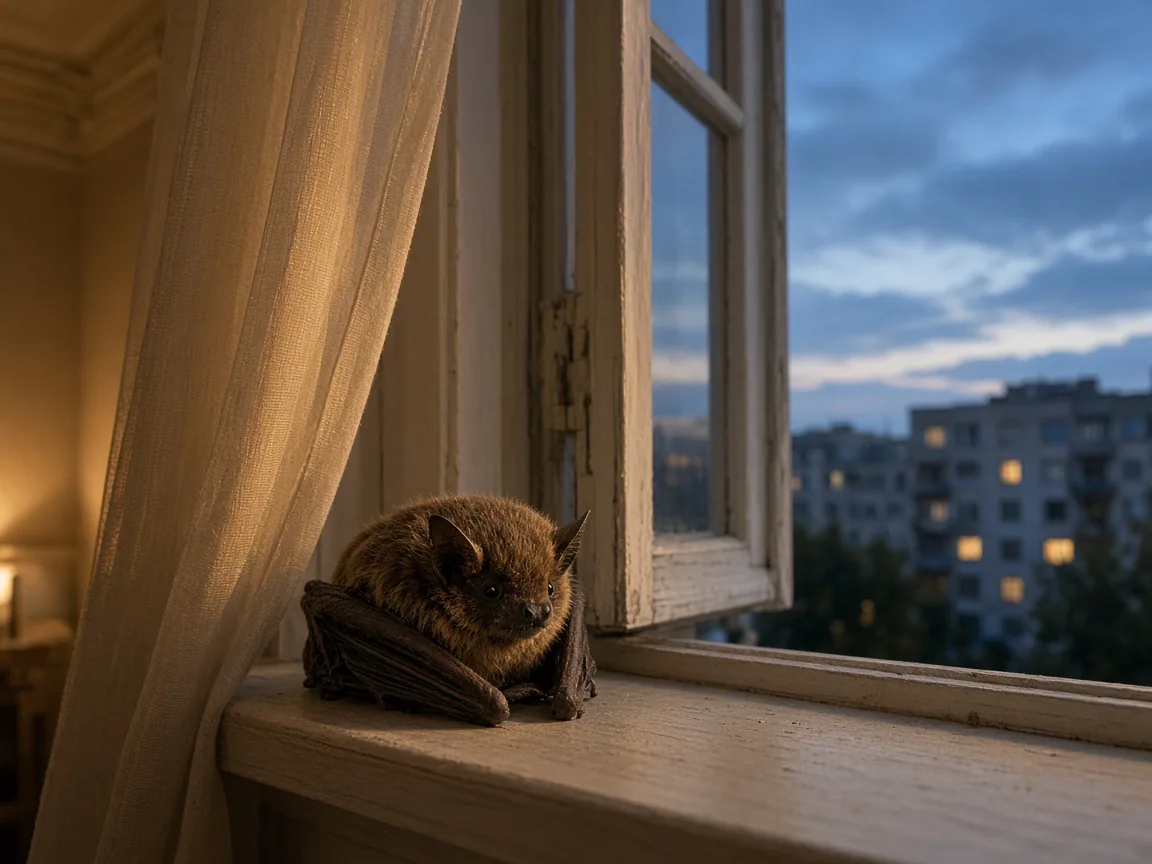 Small bat near an open residential window at dusk