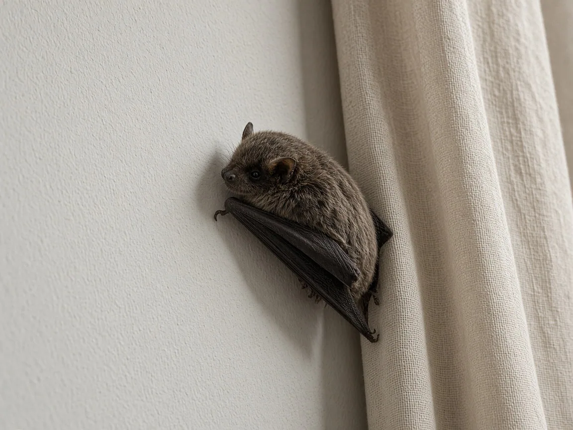 Small bat resting on an interior wall near a curtain