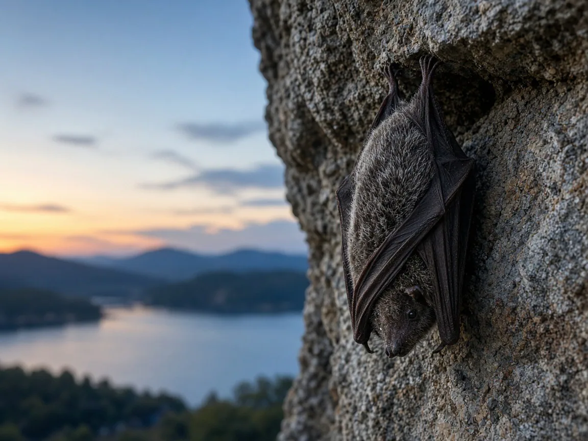 Bat roosting naturally in a rocky outdoor crevice at dusk
