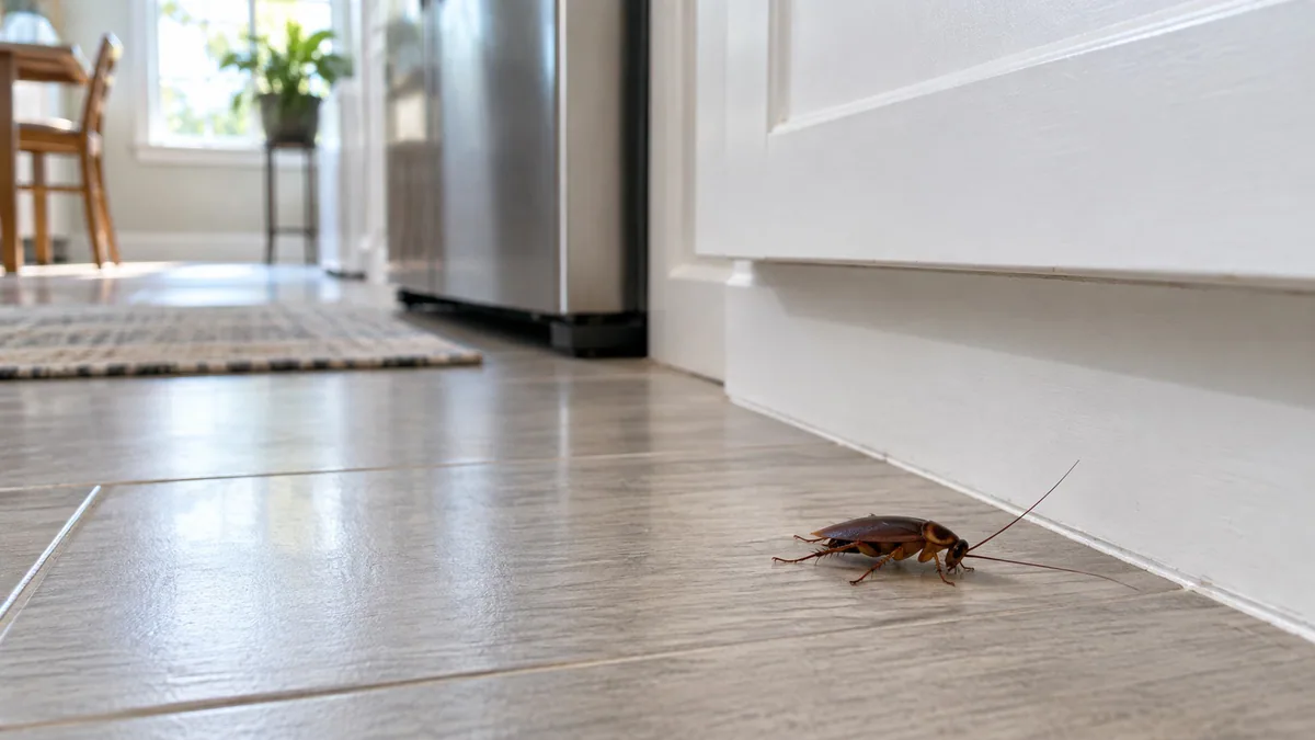 Illustration of a cockroach beside a skirting board in a home kitchen