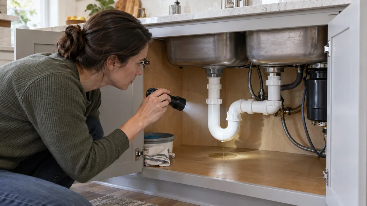 Illustration of a person inspecting beneath a kitchen sink with a flashlight