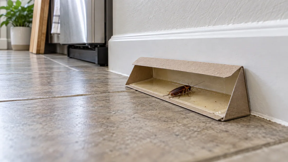 Illustration of a cardboard sticky monitoring trap beside a kitchen skirting board