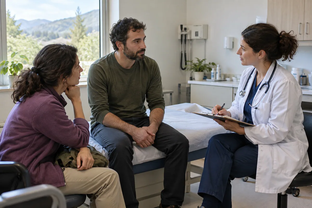 Illustrative scene of a clinician speaking with a patient and companion in an examination room
