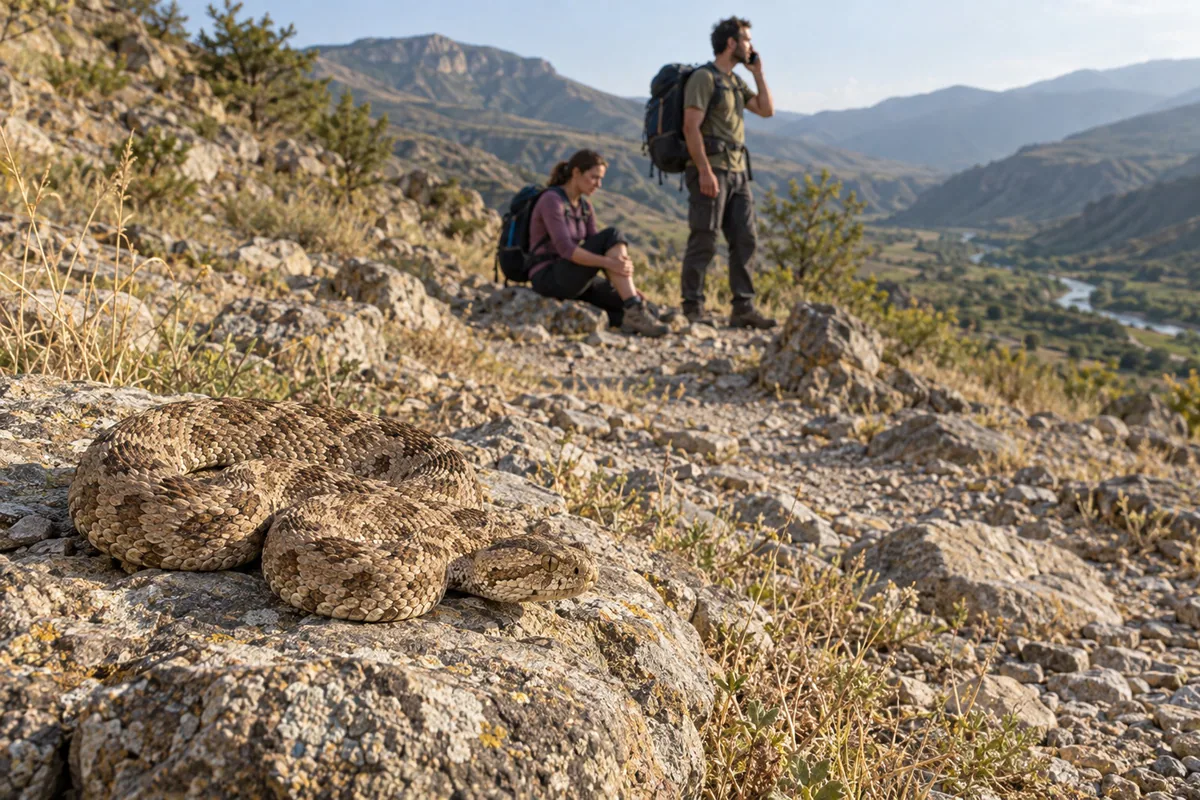 Illustrative scene: a viper on rocky ground, with two hikers calling for help at a distance