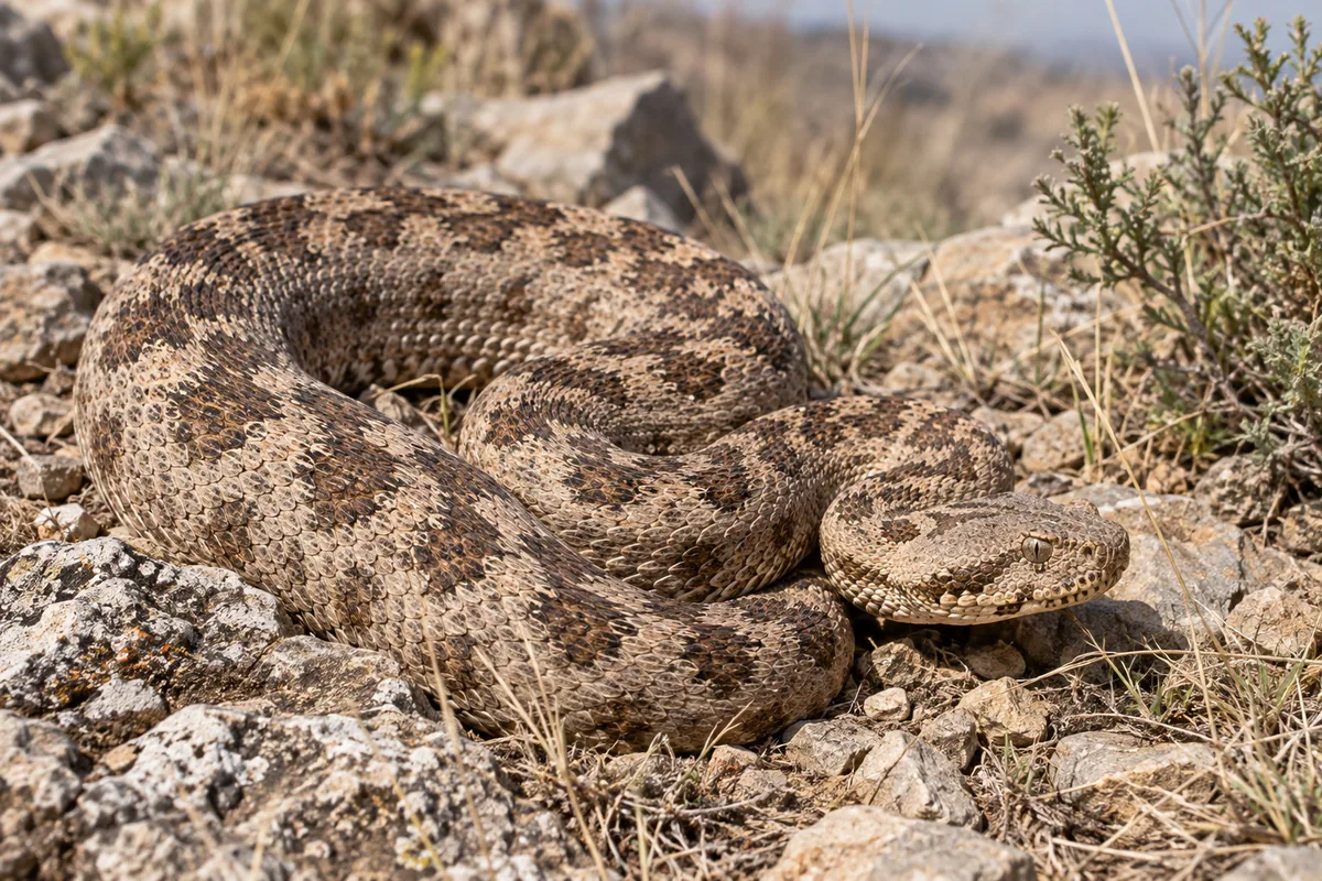 Illustrative close view of a broad-bodied viper coiled among rocks