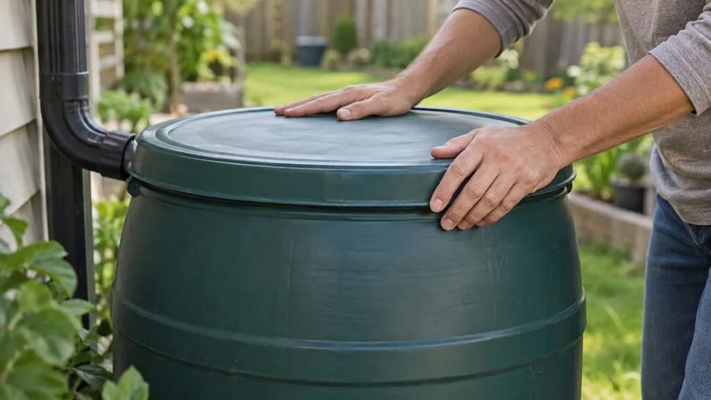 Hands press a fitted lid onto a dark green outdoor water barrel beside a downspout