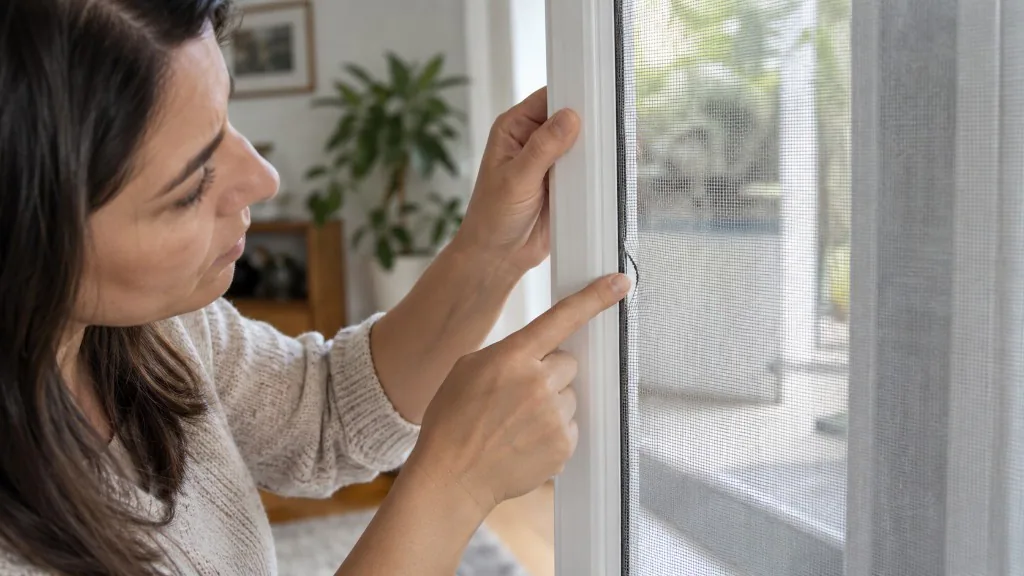A person points to a small tear where a window screen has pulled away from its white frame