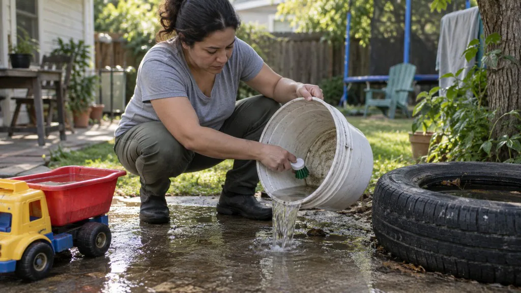 A person crouches in a yard and scrubs the inside of a tipped white bucket as water pours out; a toy truck and a tire nearby hold standing water