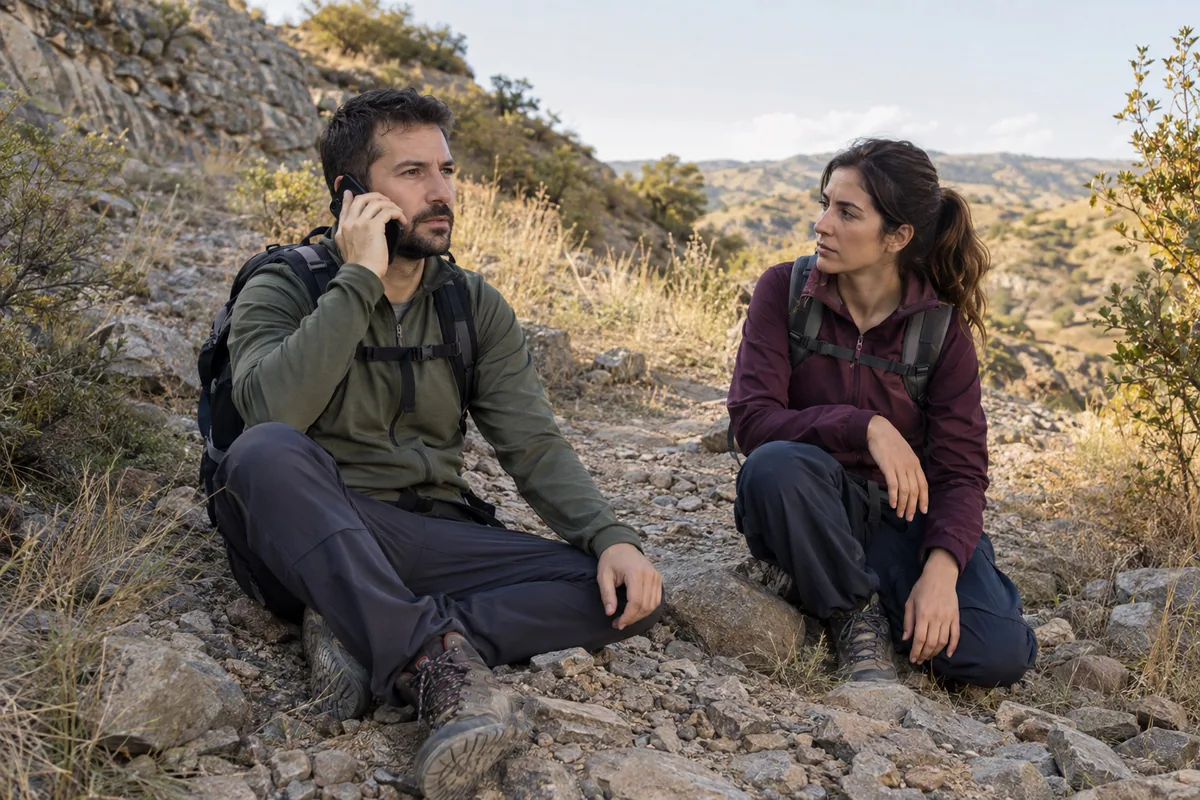Seated hiker calling for help on a phone while a companion waits nearby