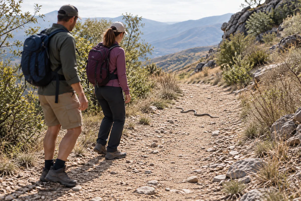 Two hikers stop several metres from a snake on a rocky trail