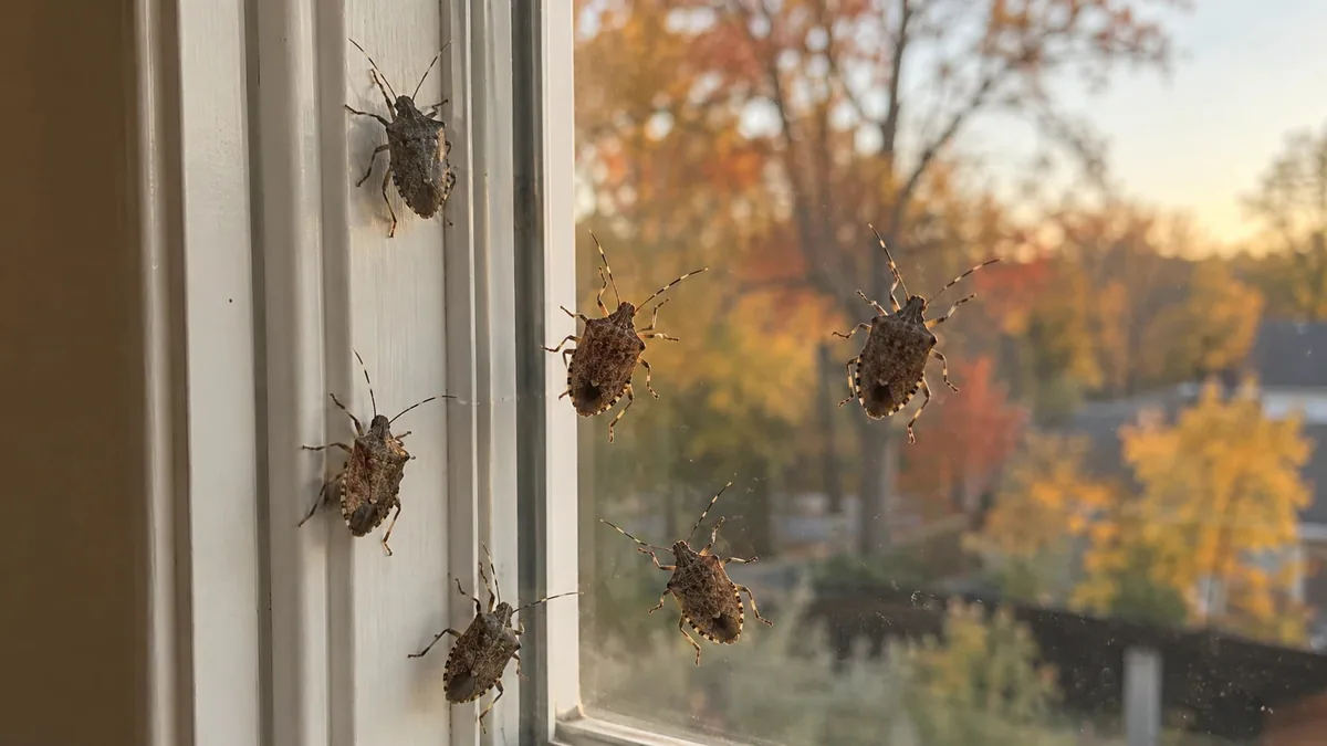 Several brown stink bugs on the inside of a white window frame and glass, with autumn trees outside