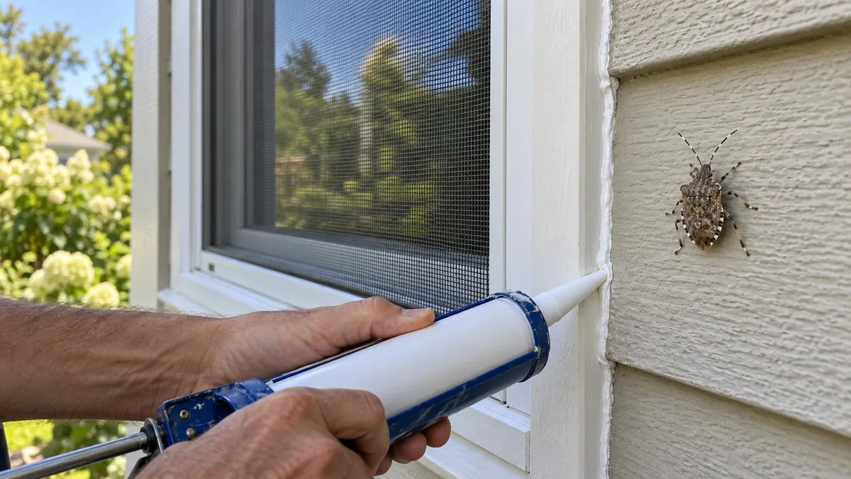 Hands sealing the gap between a window frame and wall siding with a caulking gun; the window has a screen and a stink bug sits on the wall