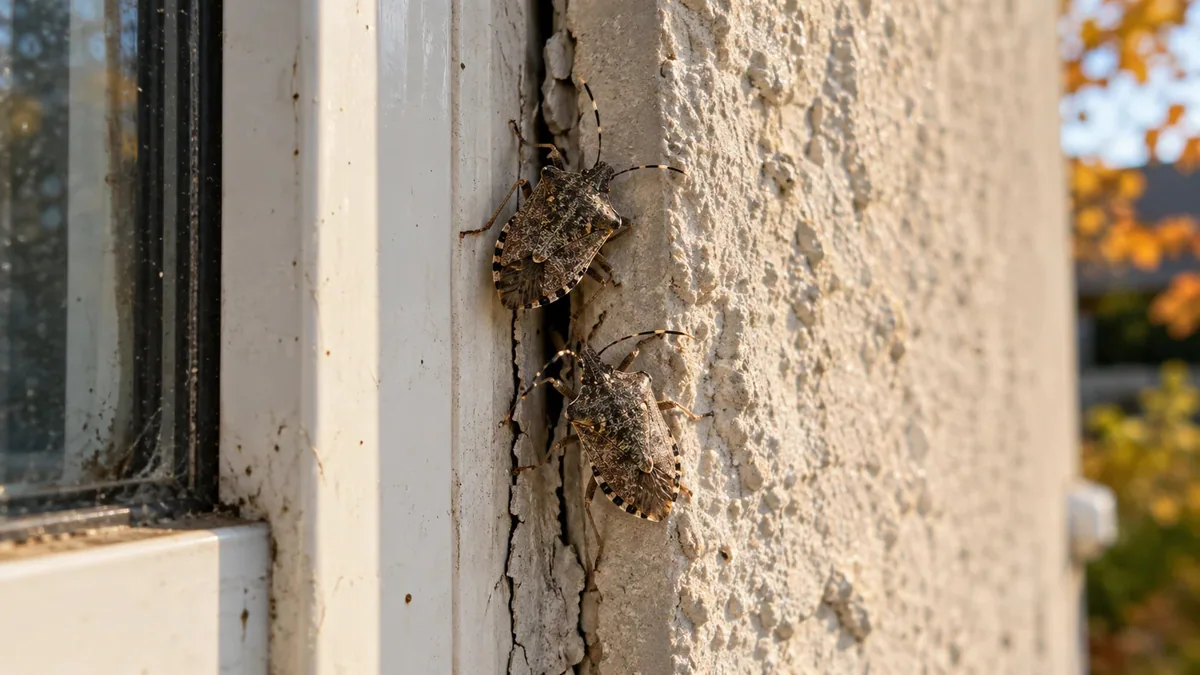 Two stink bugs at a crack between a window frame and a plastered outside wall