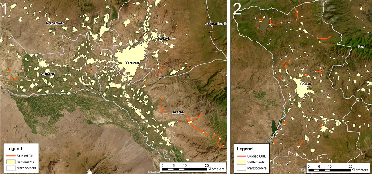 Çalışma alanı ve incelenen hatlar: Ararat, Armavir ve Kotayk illeri (1) ile Şirak ili (2). Caucasiana, CC BY 4.0.