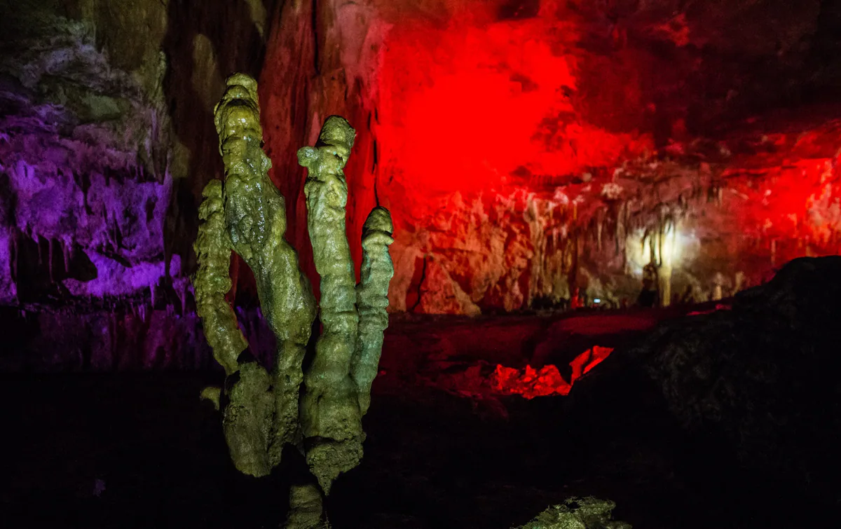 Prometheus Cave, stalagmites under coloured lighting. Colchidoniscus kutaissianus was collected in this cave. Wikimedia Commons, CC BY-SA 2.0.