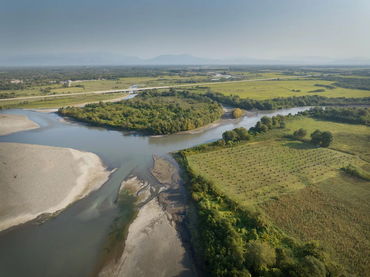 Aerial view of a sturgeon spawning ground on the Rioni.